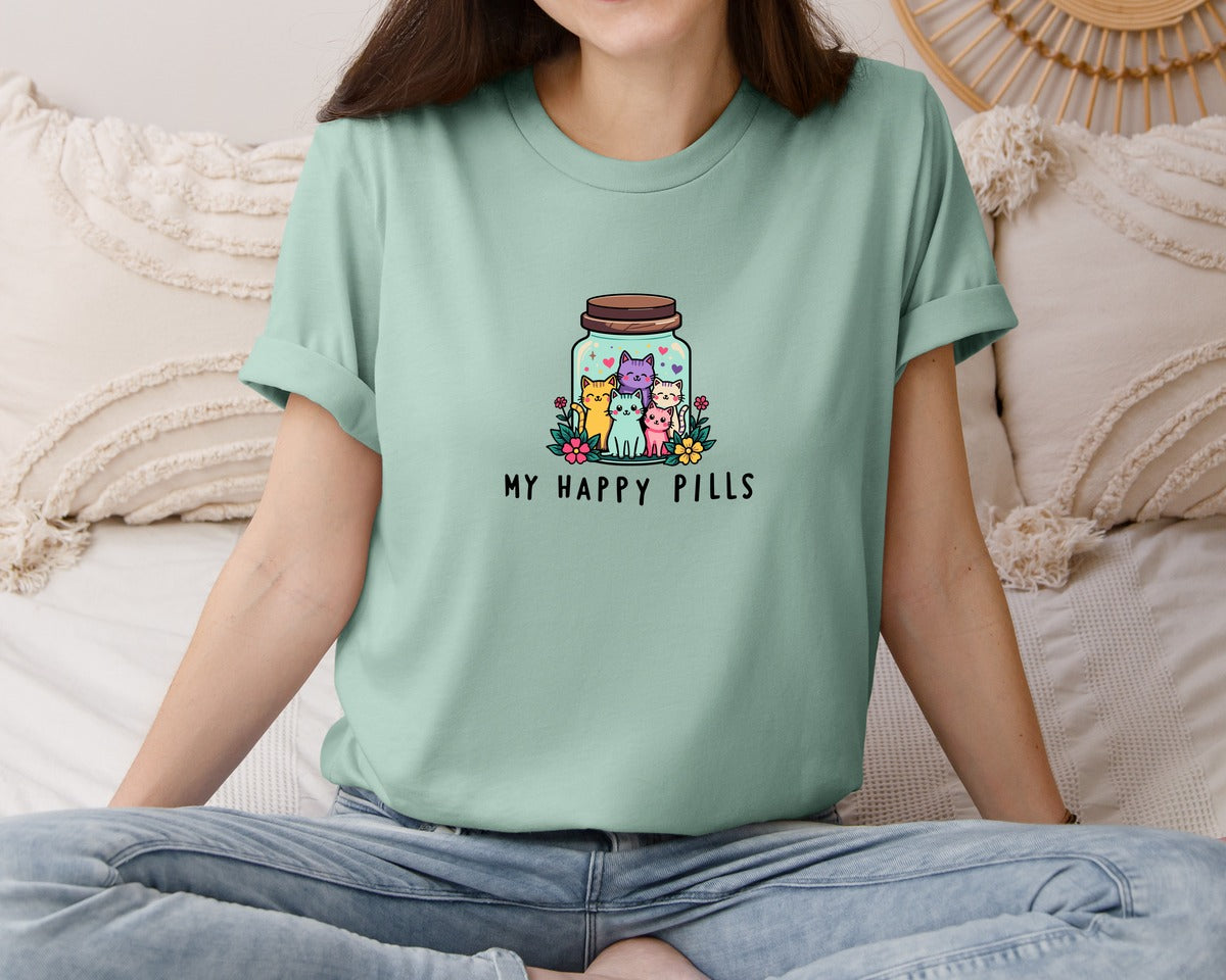 brand:Bella Canvas|color:Dusty Blue|My Happy Pills Cute Kitties Cat Mom Joke Graphic T-Shirt