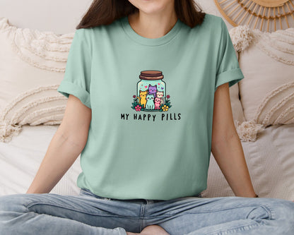 brand:Bella Canvas|color:Dusty Blue|My Happy Pills Cute Kitties Cat Mom Joke Graphic T-Shirt