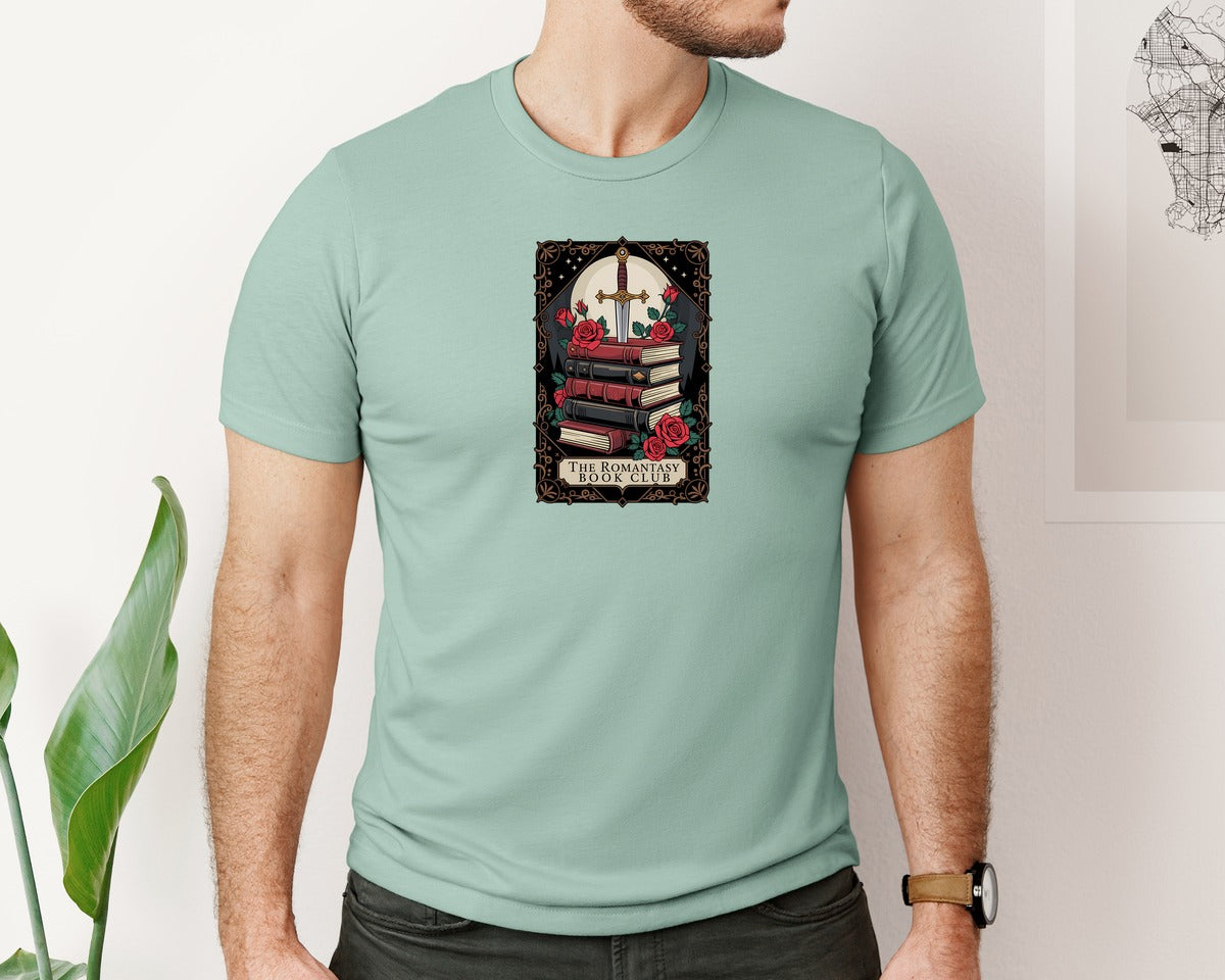 brand:Bella Canvas|color:Dusty Blue|He Romantasy Book Club Sword Roses Graphic T-Shirt