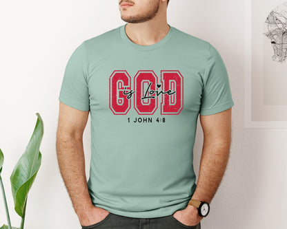 brand:Bella Canvas|color:Dusty Blue|Valentine God Is Is Love Graphic T-Shirt
