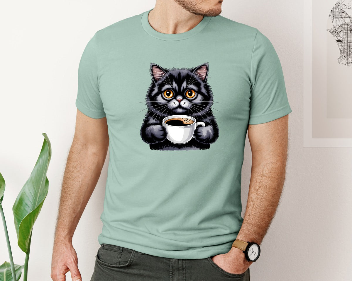 brand:Bella Canvas|color:Dusty Blue|Watercolor Black Cat With Coffee Cup Graphic T-Shirt