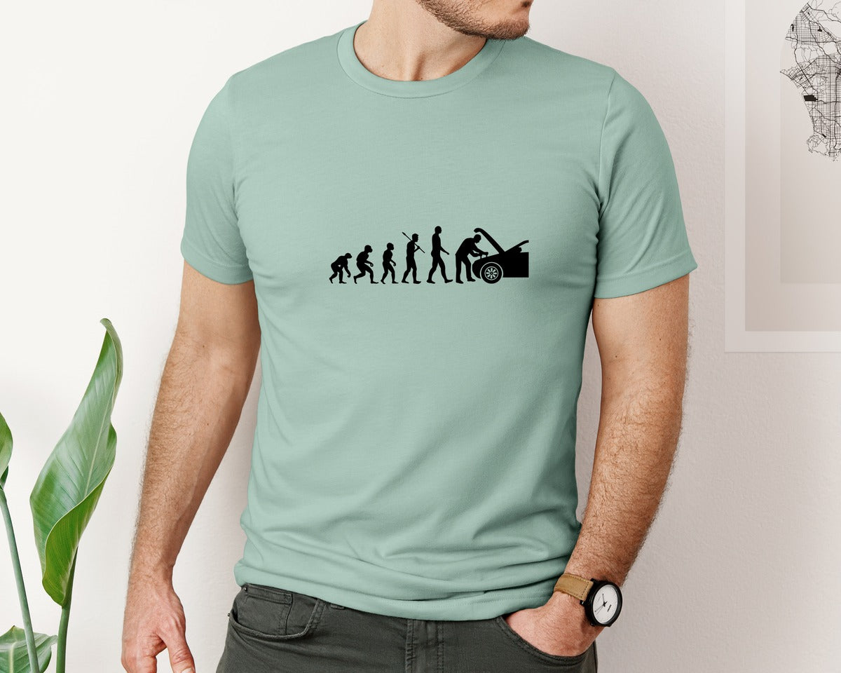brand:Bella Canvas|color:Dusty Blue|Car Mechanic Evolution Graphic T-Shirt