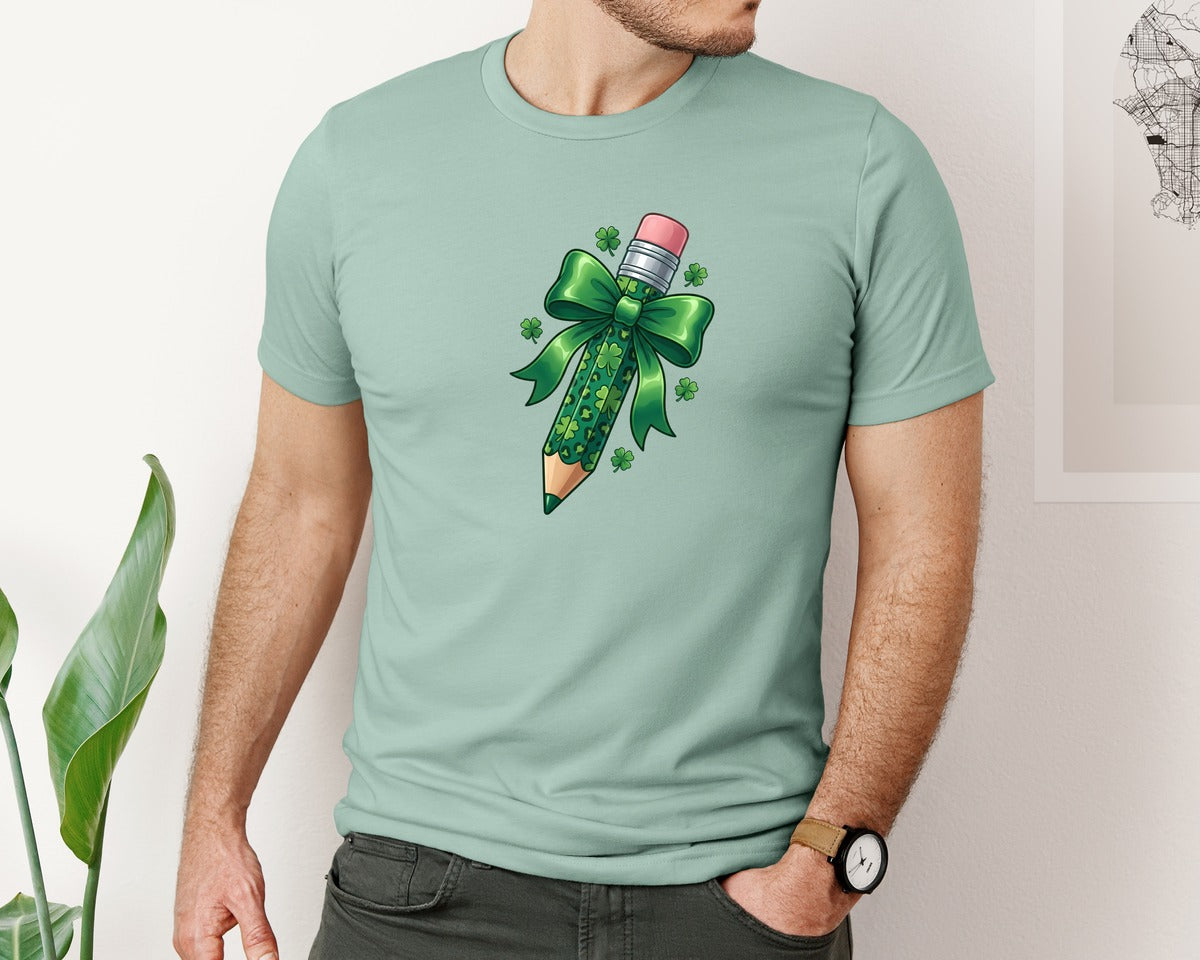 brand:Bella Canvas|color:Dusty Blue|Green Shamrock Bow Pencil Graphic T-Shirt