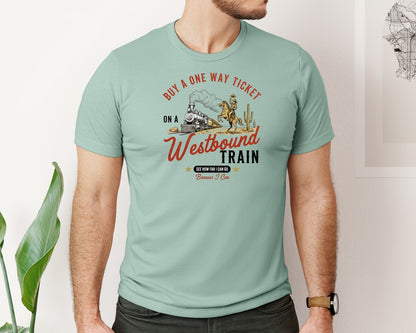 brand:Bella Canvas|color:Dusty Blue|One Way Ticket Westbound Train Graphic T-Shirt