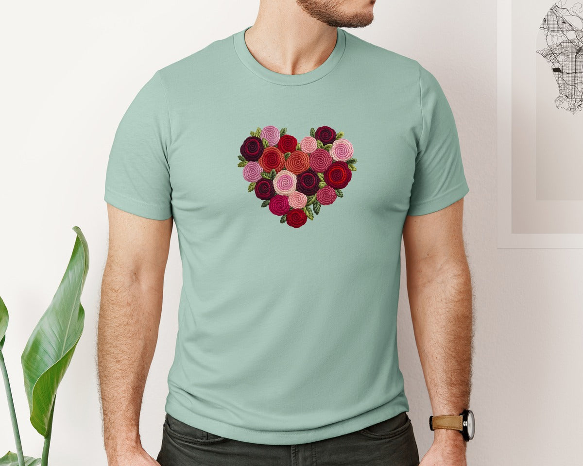 brand:Bella Canvas|color:Dusty Blue|Faux Yarn Valentine Heart Roses Graphic T-Shirt
