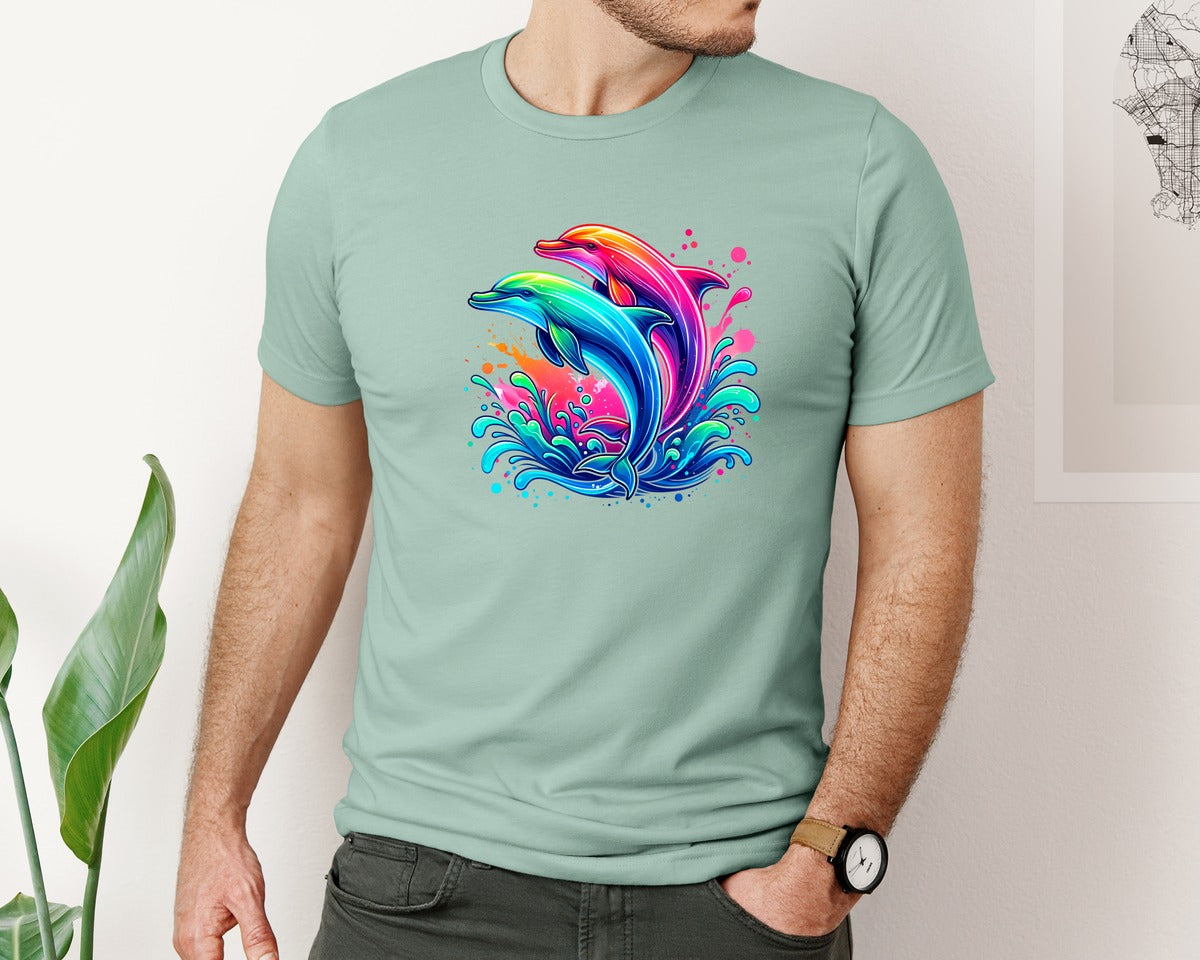 brand:Bella Canvas|color:Dusty Blue|Colorful Neon Ocean Dolphins Graphic T-Shirt