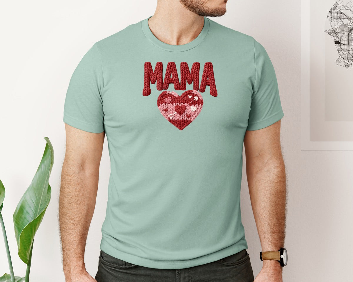 brand:Bella Canvas|color:Dusty Blue|Faux Yarn Knitted Mama Love Heart Graphic T-Shirt