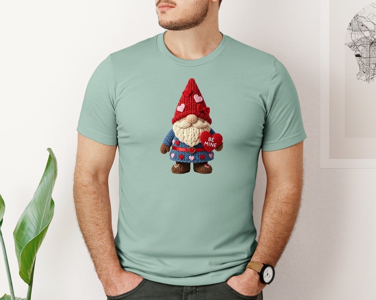 brand:Bella Canvas|color:Dusty Blue|Faux Yarn Knitted Valentine Gnome Graphic T-Shirt