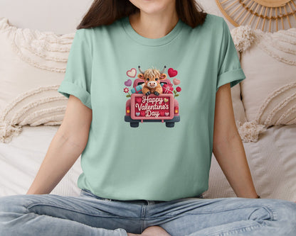 brand:Bella Canvas|color:Dusty Blue|Yarn Happy Valentines Day Cow Truck Graphic T-Shirt