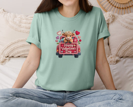 Yarn Happy Valentines Day Cow Truck Graphic T-Shirt