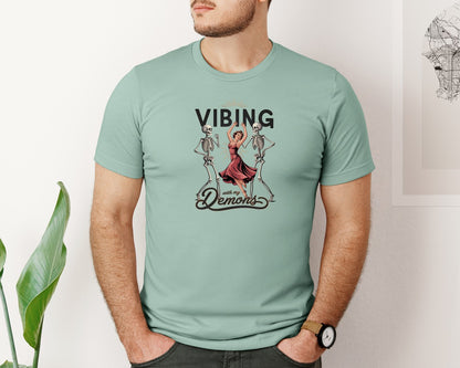 brand:Bella Canvas|color:Dusty Blue|Vibing With My Demons Retro Gothic 2 Graphic T-Shirt