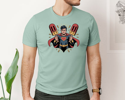 brand:Bella Canvas|color:Dusty Blue|Superhero Holding Popsicles Comic Style Graphic T-Shirt