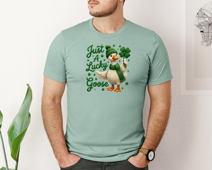 brand:Bella Canvas|color:Dusty Blue|Just A Lucky Goose Yarn St Patricks Graphic T-Shirt