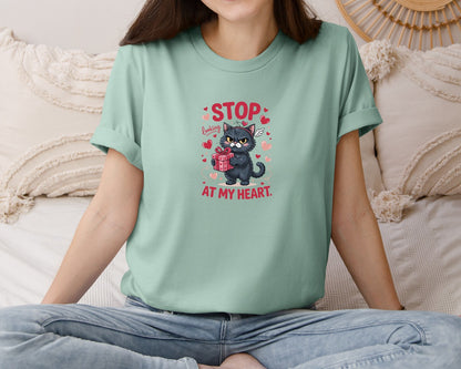 brand:Bella Canvas|color:Dusty Blue|Stop Looking At My Heart Valentine Cat Graphic T-Shirt
