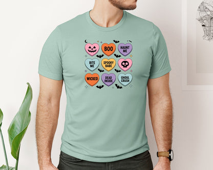 brand:Bella Canvas|color:Dusty Blue|Spooky Conversation Hearts Design Graphic T-Shirt