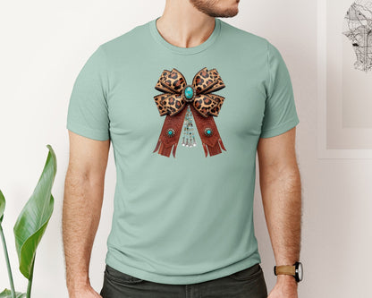 brand:Bella Canvas|color:Dusty Blue|Western Leopard Bow Coquette Cowgirl 2 Graphic T-Shirt