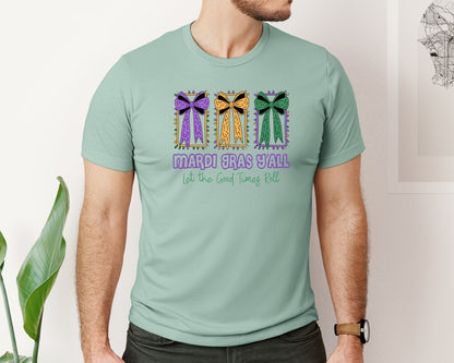 brand:Bella Canvas|color:Dusty Blue|Mardi Gras Yall Coquette Bow Graphic T-Shirt