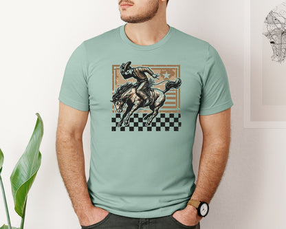 brand:Bella Canvas|color:Dusty Blue|Rodeo Cowboy Checkered Western Graphic T-Shirt