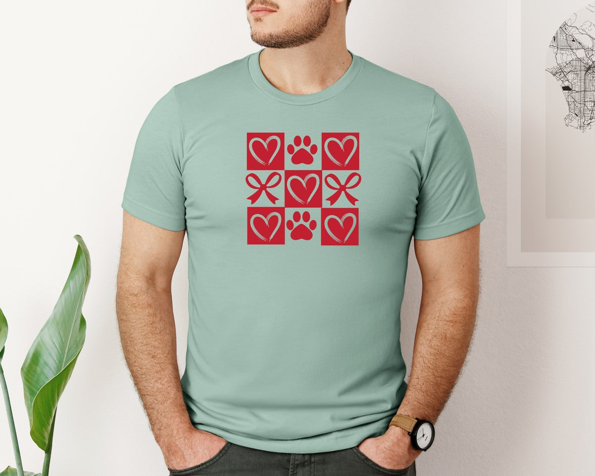 brand:Bella Canvas|color:Dusty Blue|Retro Checkered Dog Paw Valentine Graphic T-Shirt