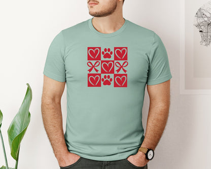 brand:Bella Canvas|color:Dusty Blue|Retro Checkered Dog Paw Valentine Graphic T-Shirt