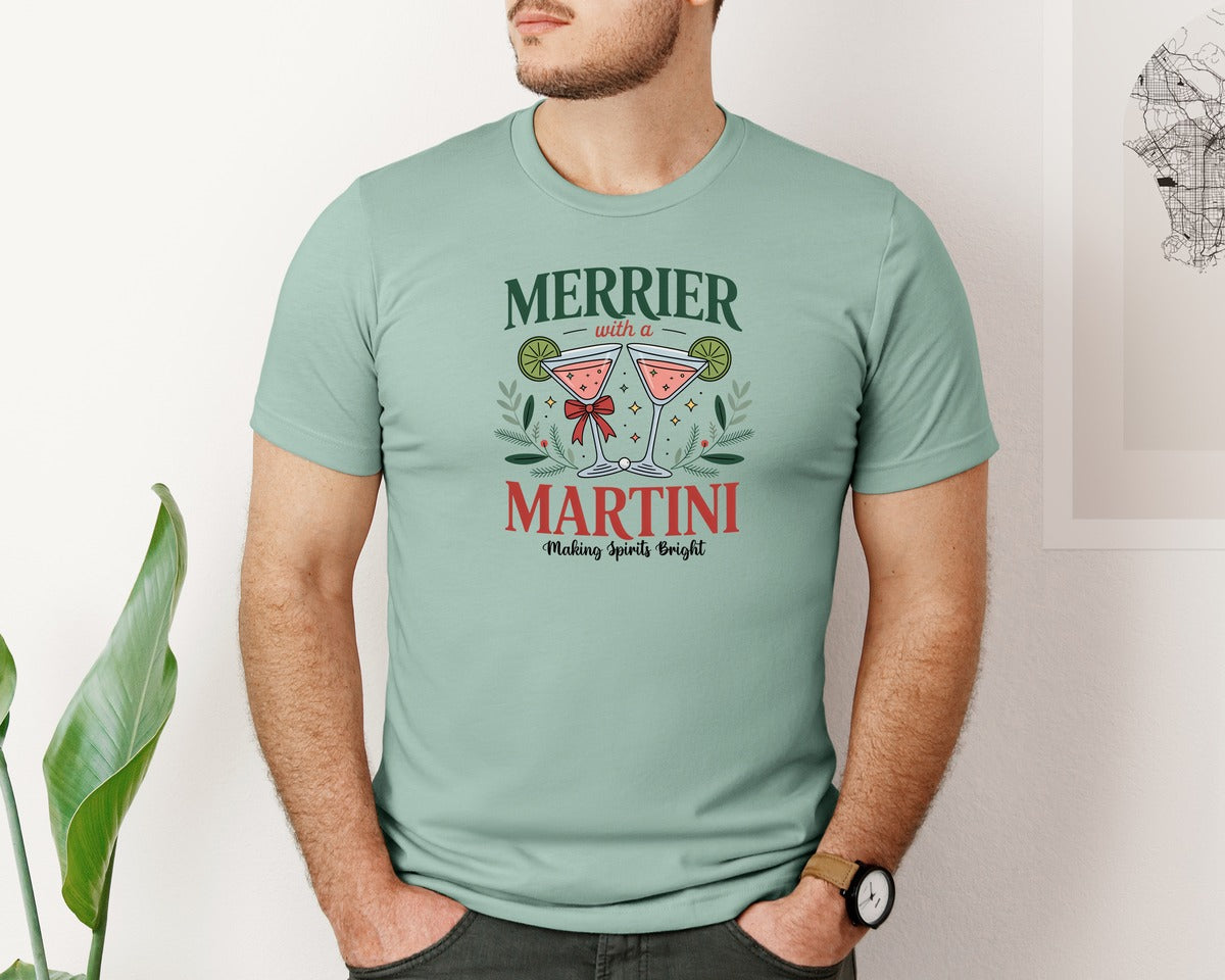 brand:Bella Canvas|color:Dusty Blue|Merrier With A Martini Christmas Graphic T-Shirt