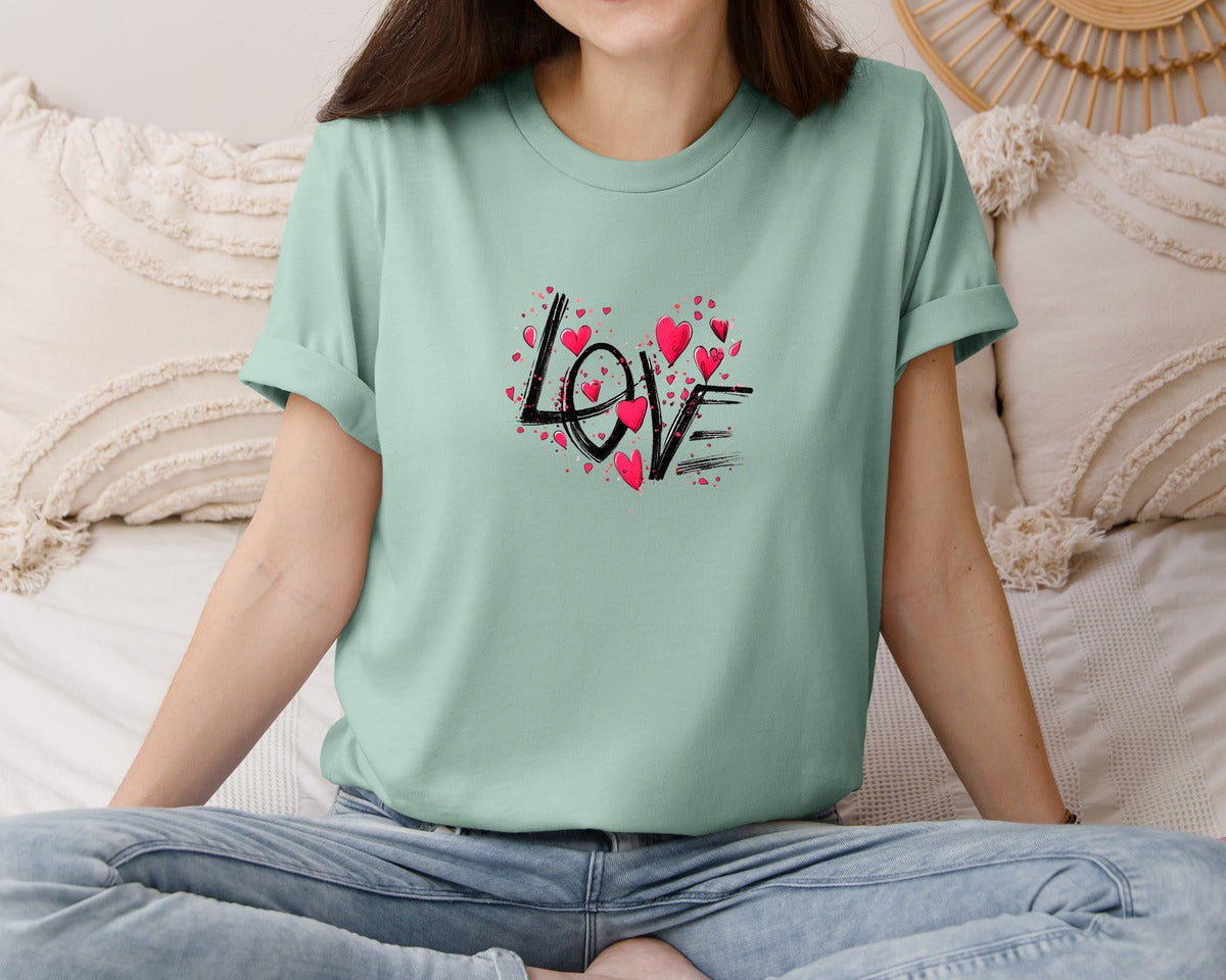 brand:Bella Canvas|color:Dusty Blue|Love Hearts Valentine Graphic T-Shirt