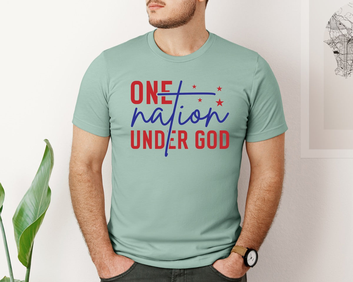 brand:Bella Canvas|color:Dusty Blue|One Nation Under God 4Th Of July 3 Graphic T-Shirt