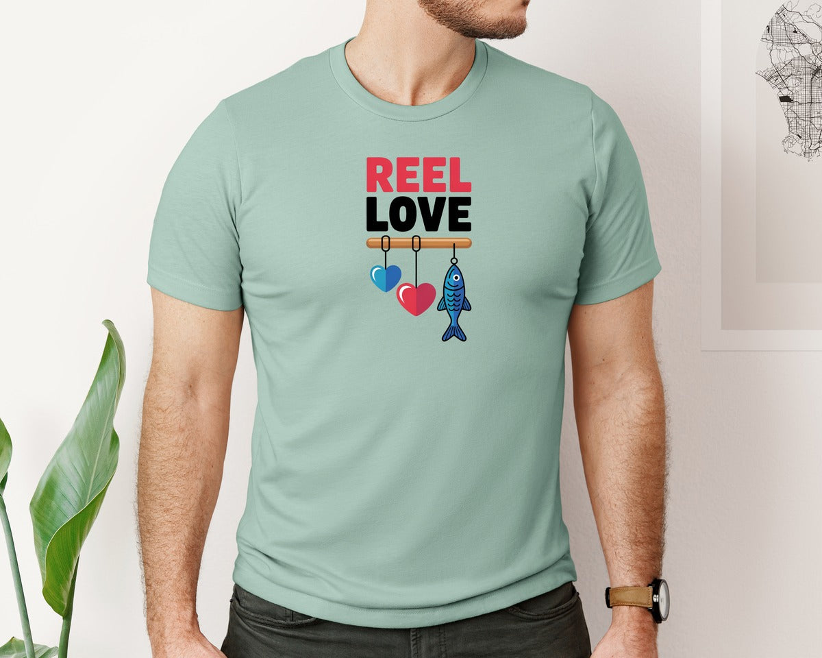 brand:Bella Canvas|color:Dusty Blue|Reel Love Boys Valentines Fishing 2 Graphic T-Shirt