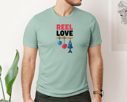 brand:Bella Canvas|color:Dusty Blue|Reel Love Boys Valentines Fishing 2 Graphic T-Shirt