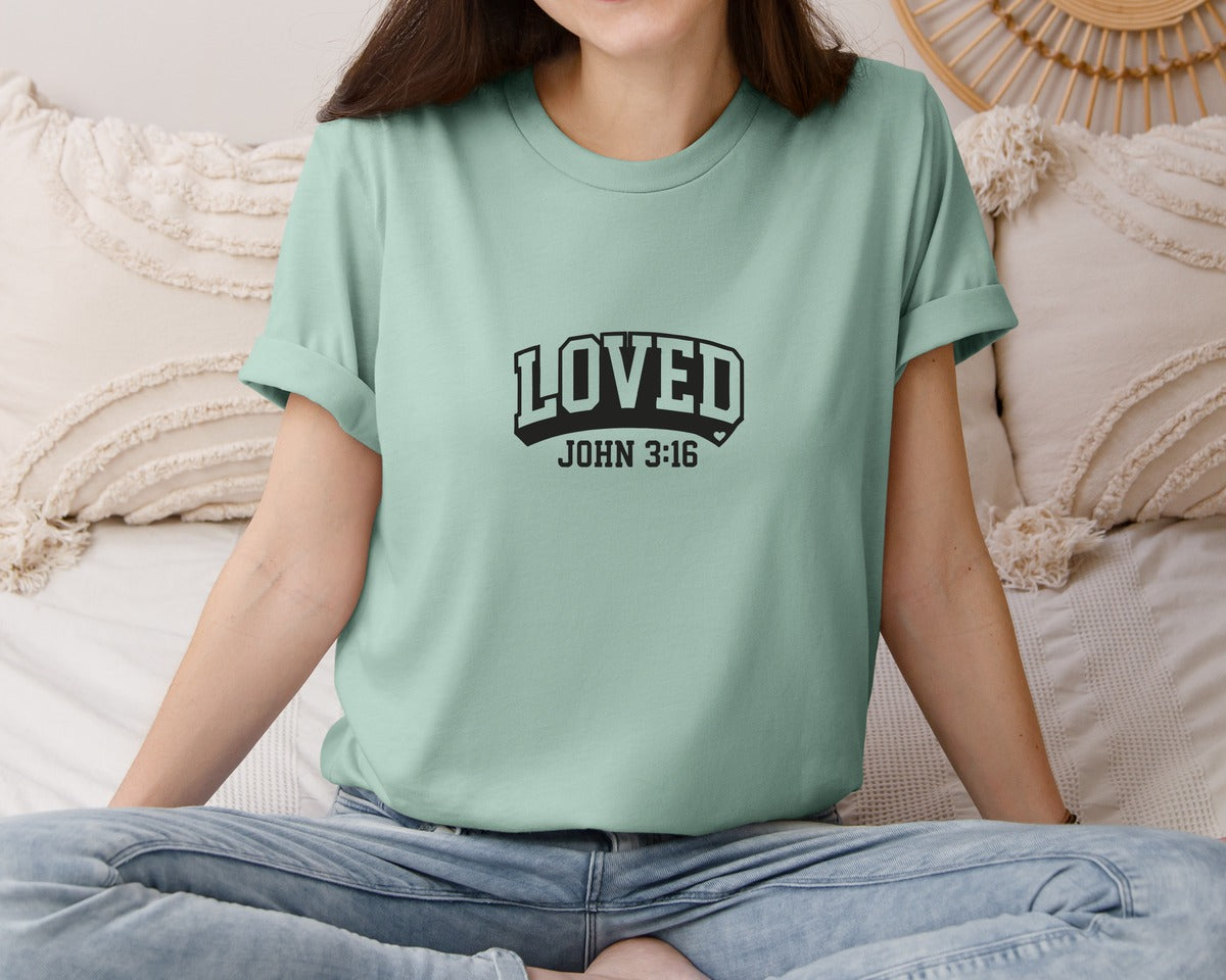 brand:Bella Canvas|color:Dusty Blue|Loved John 316 Jesus Valentine 3 Graphic T-Shirt