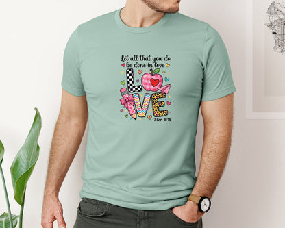 brand:Bella Canvas|color:Dusty Blue|Preppy Teacher Valentine Love Graphic T-Shirt