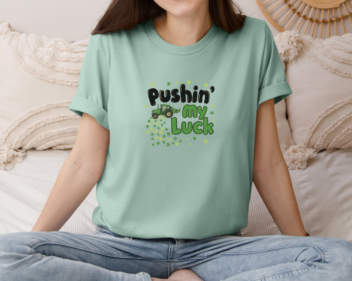 brand:Bella Canvas|color:Dusty Blue|Pushin My Luck St Patricks Day Graphic T-Shirt