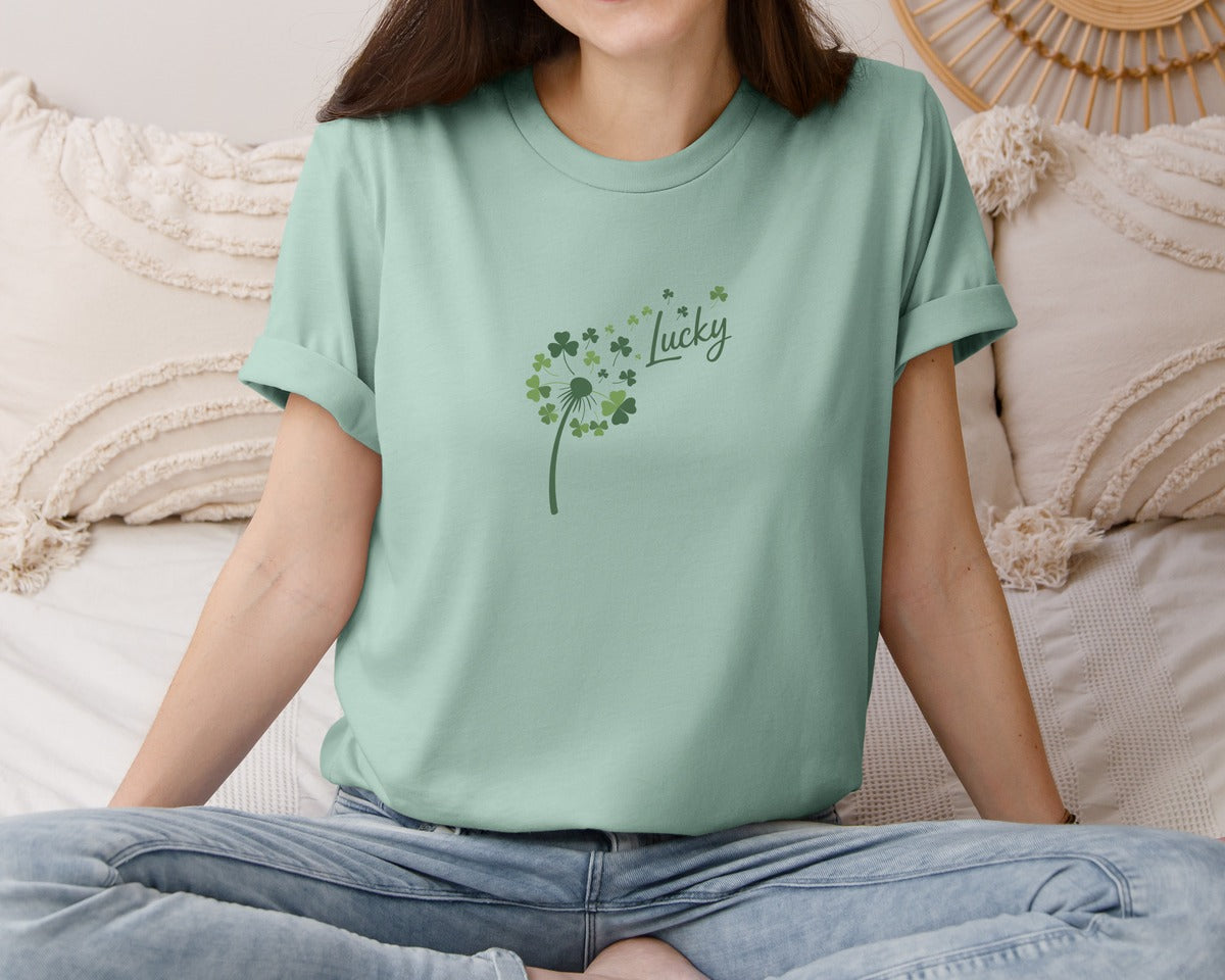 brand:Bella Canvas|color:Dusty Blue|St Patricks Day Dandelion Shamrock 4 Graphic T-Shirt
