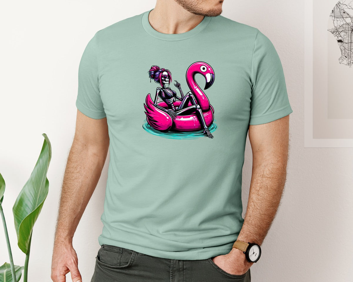 brand:Bella Canvas|color:Dusty Blue|Flamingo Skeleton Summer Pool Party Graphic T-Shirt