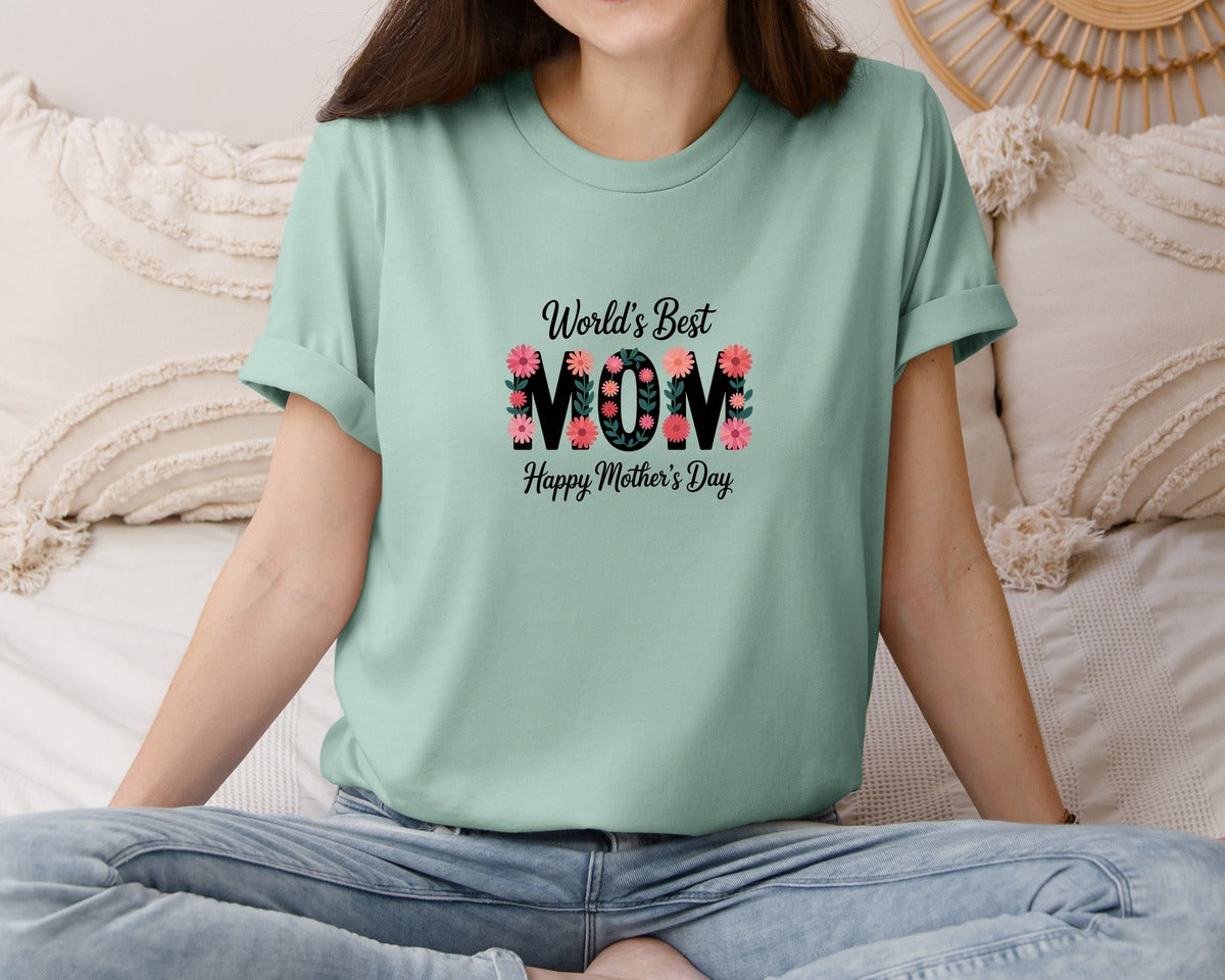 brand:Bella Canvas|color:Dusty Blue|Worlds Best Mom Floral Mothers Day Graphic T-Shirt