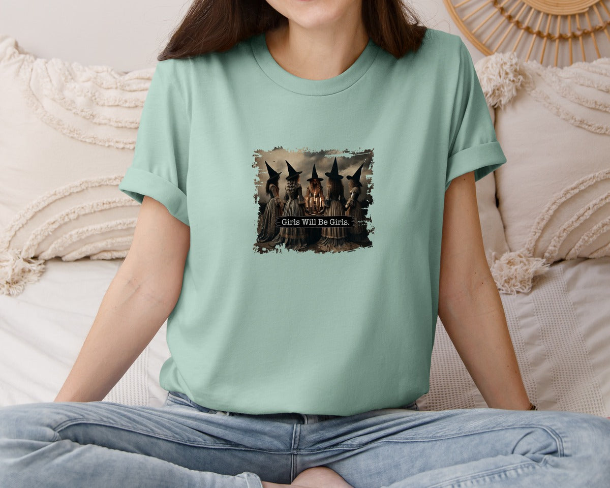 brand:Bella Canvas|color:Dusty Blue|Girls Will Be Girls Witch Halloween 3 Graphic T-Shirt