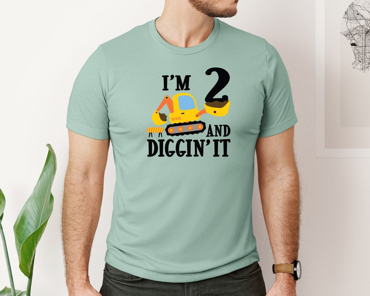 brand:Bella Canvas|color:Dusty Blue|Im 2 And Diggin It Birthday Excavator Graphic T-Shirt
