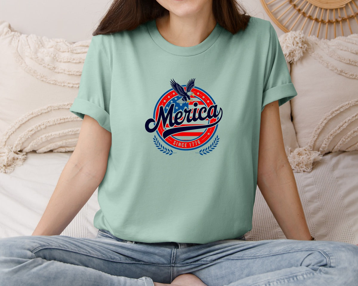 brand:Bella Canvas|color:Dusty Blue|Merica Since 1776 American Eagle Graphic T-Shirt
