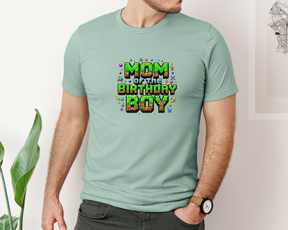 brand:Bella Canvas|color:Dusty Blue|Mom Of The Birthday Boy Minecraft Graphic T-Shirt