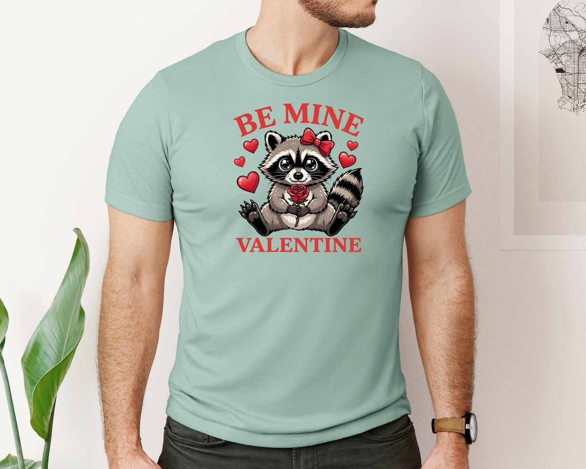 brand:Bella Canvas|color:Dusty Blue|Funny Be Mine Raccoon Valentine Graphic T-Shirt