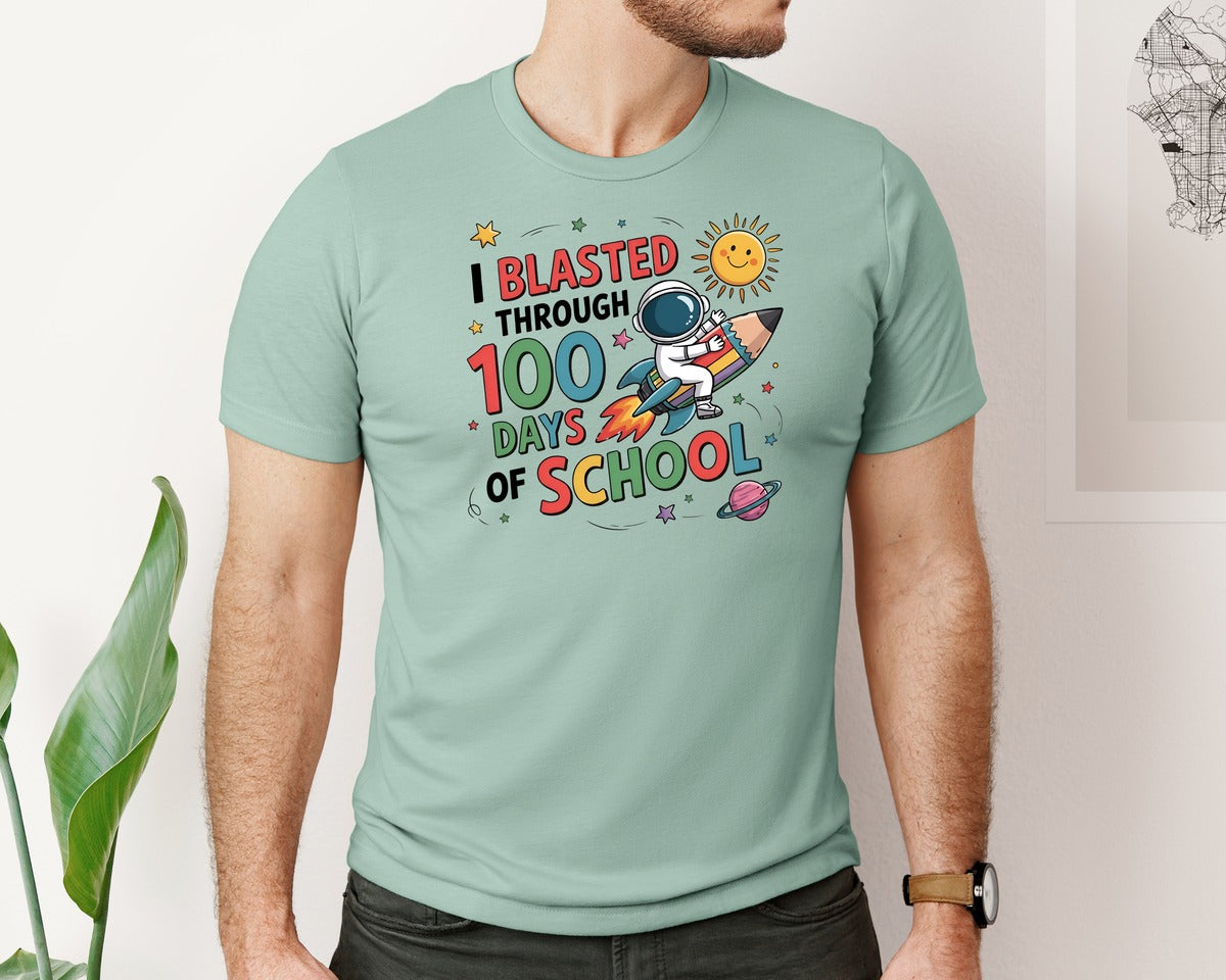brand:Bella Canvas|color:Dusty Blue|I Blasted Through 100 Days Of School 9 Graphic T-Shirt