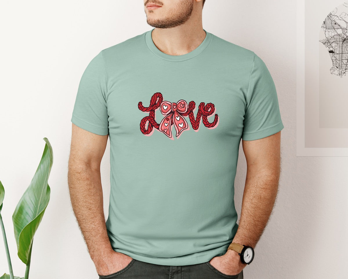brand:Bella Canvas|color:Dusty Blue|Crochet Bow Valentines Day Love Graphic T-Shirt