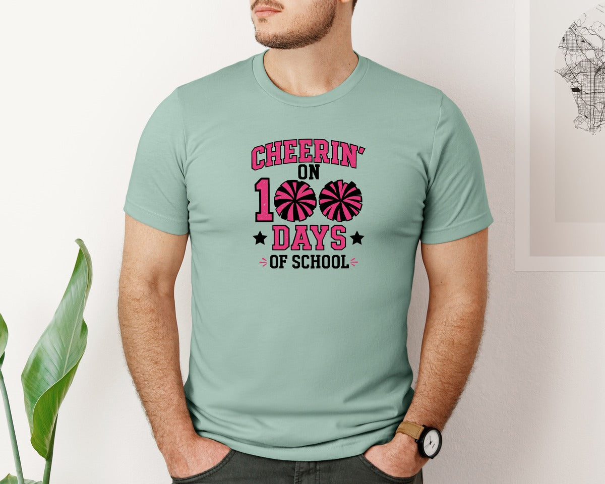 brand:Bella Canvas|color:Dusty Blue|Cheerin 100 Days Of School Graphic T-Shirt