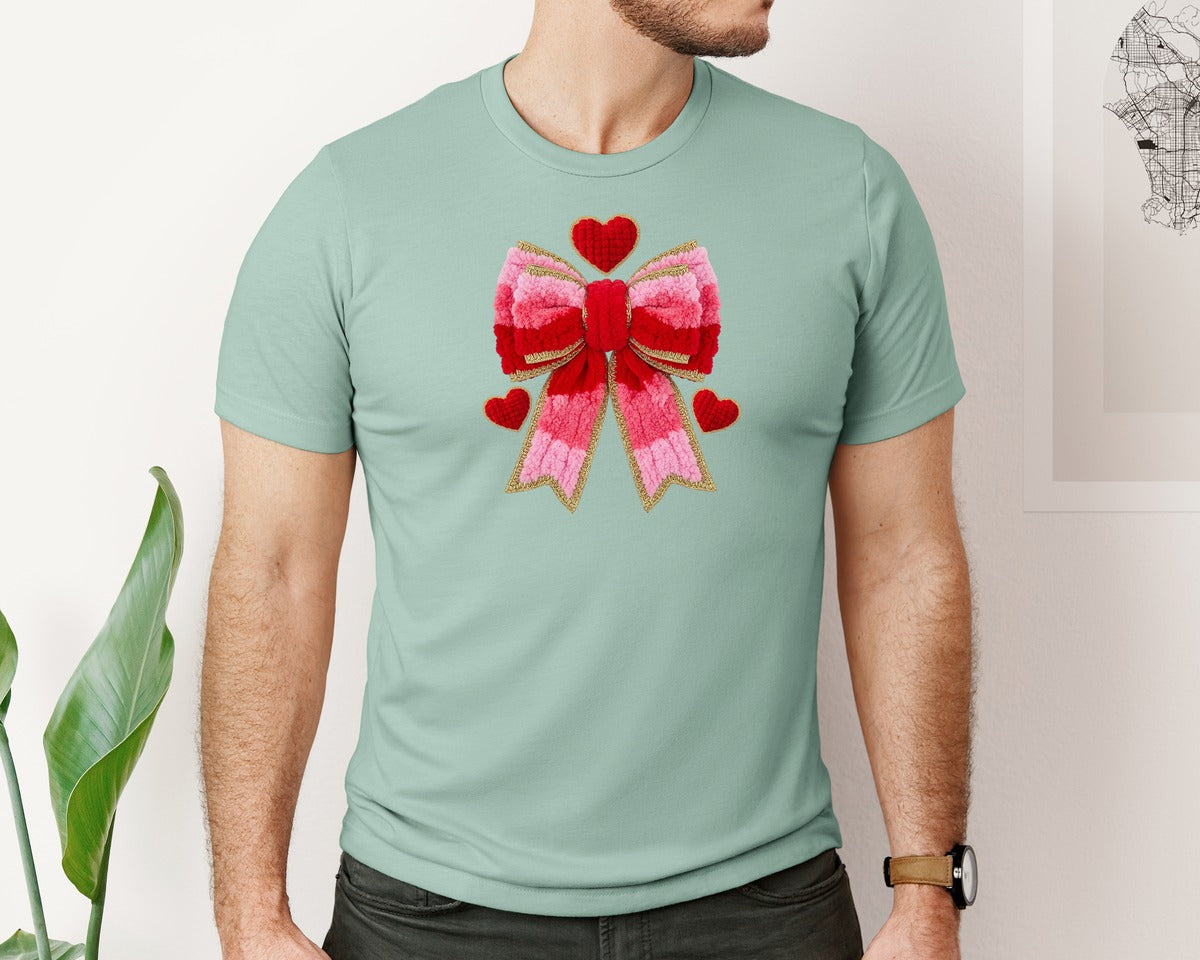brand:Bella Canvas|color:Dusty Blue|Faux Yarn Valentines Day Bow 2 Graphic T-Shirt