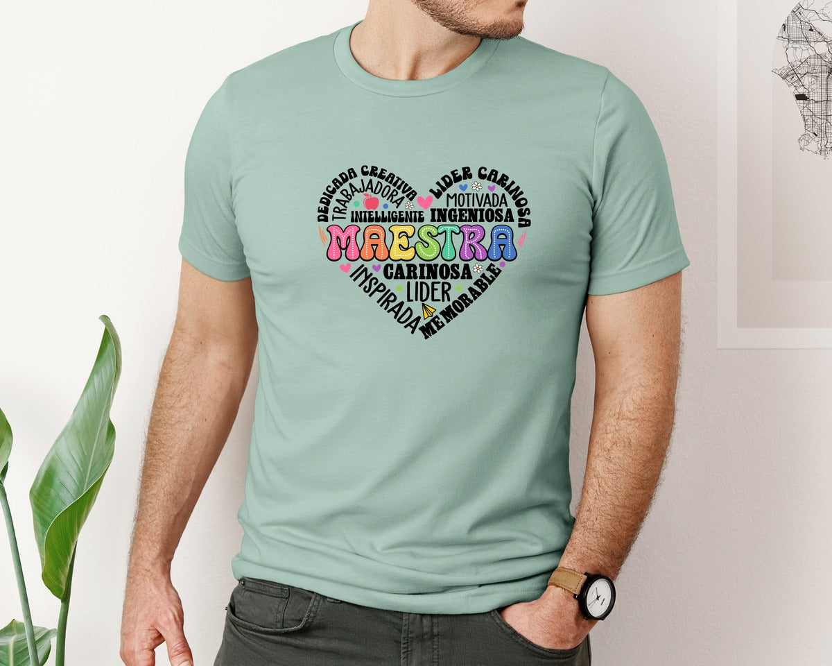 brand:Bella Canvas|color:Dusty Blue|Maestra Spanish Teacher Heart Graphic T-Shirt