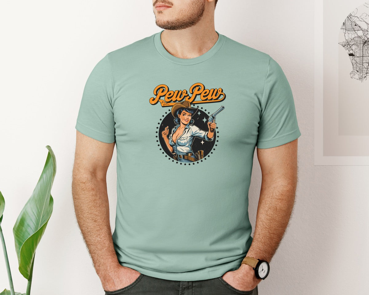 brand:Bella Canvas|color:Dusty Blue|Pew Pew Cowgirl Western Graphic T-Shirt