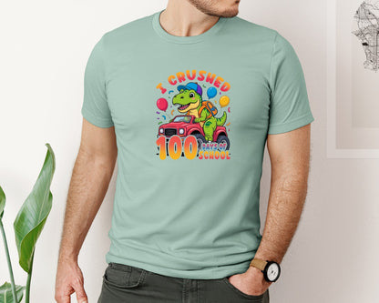 brand:Bella Canvas|color:Dusty Blue|I Crushed 100 Days Dino Truck Graphic T-Shirt