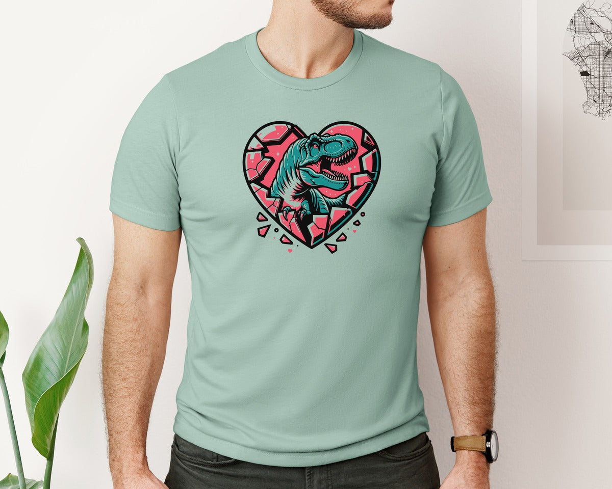 brand:Bella Canvas|color:Dusty Blue|Dinosaur Valentine Valentines Graphic T-Shirt