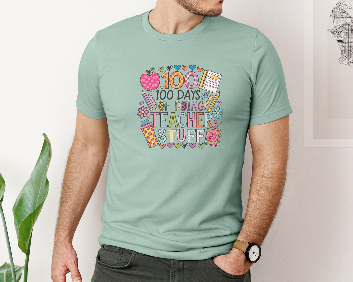 brand:Bella Canvas|color:Dusty Blue|100 Days Of School 57 Graphic T-Shirt