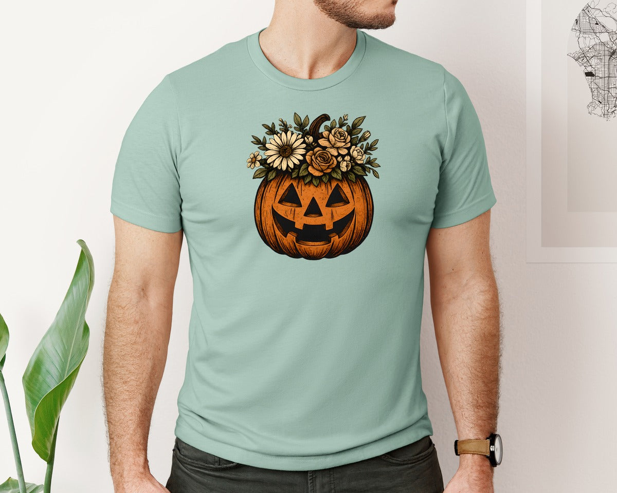 brand:Bella Canvas|color:Dusty Blue|Trendy Grunge Floral Pumpkin Vintage Graphic T-Shirt